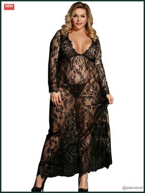 Plus Size Lace Long Gown V-Neck Sheer Lingerie Dress Maxi Maternity Bridal